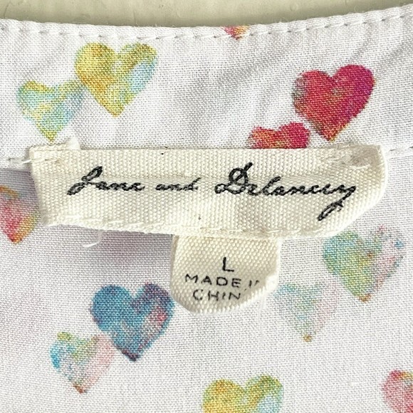 Jane Delancy Shirt Top Size L Hearts Print Long Sleeves Buttoned Comfy Colorful - Picture 7 of 7